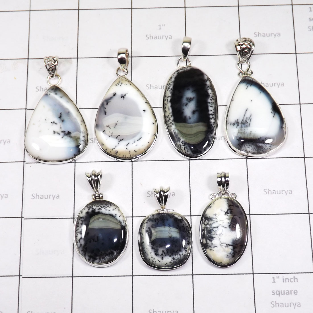 WSL977-100 gram Dendritic Agate With 925 Sterling Silver Wholesale 7 Pcs Pendants