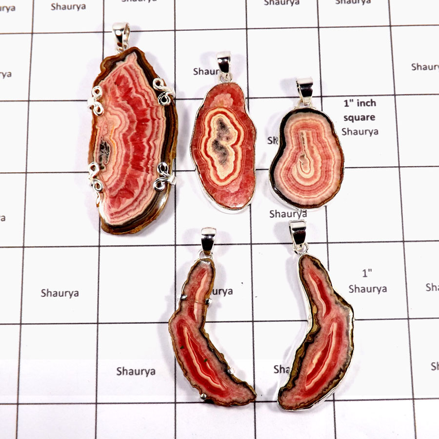 CBP912-5 Pcs. RhodoChrosite Slice Gemstone Heavy Pendants Wholesale Lot 925 Sterling Silver