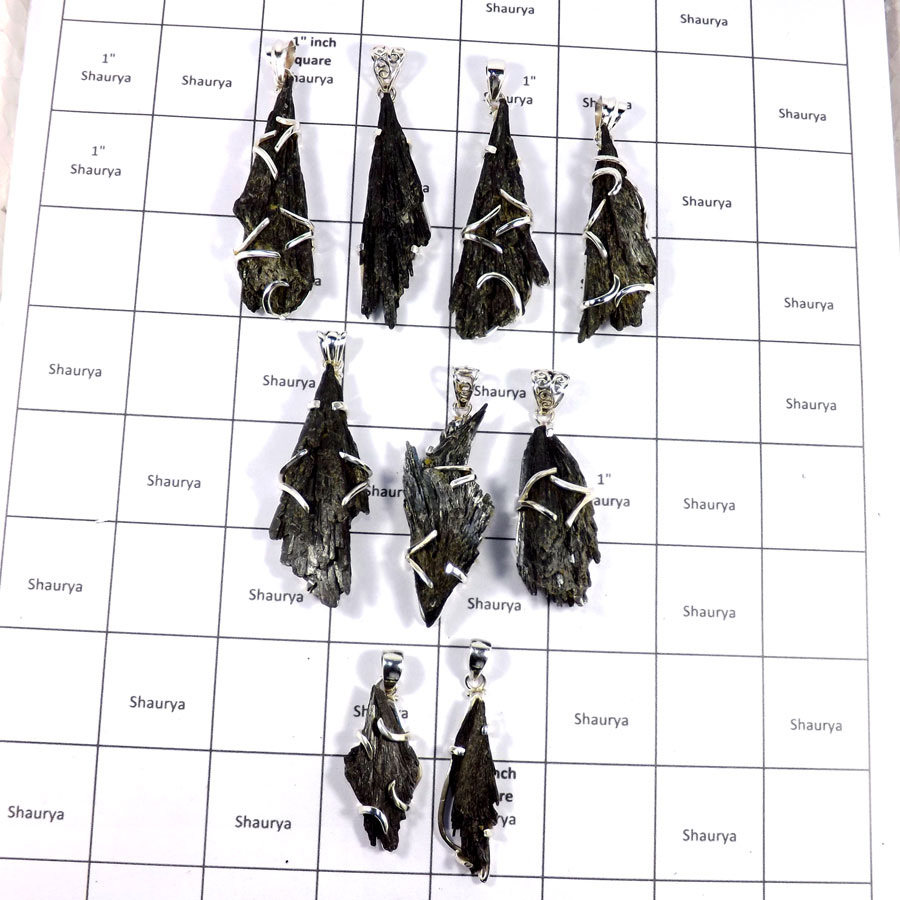 CBP936-10 Pcs. Black Kyanite Rough Gemstone 925 Sterling Silver Wholesale Pendants