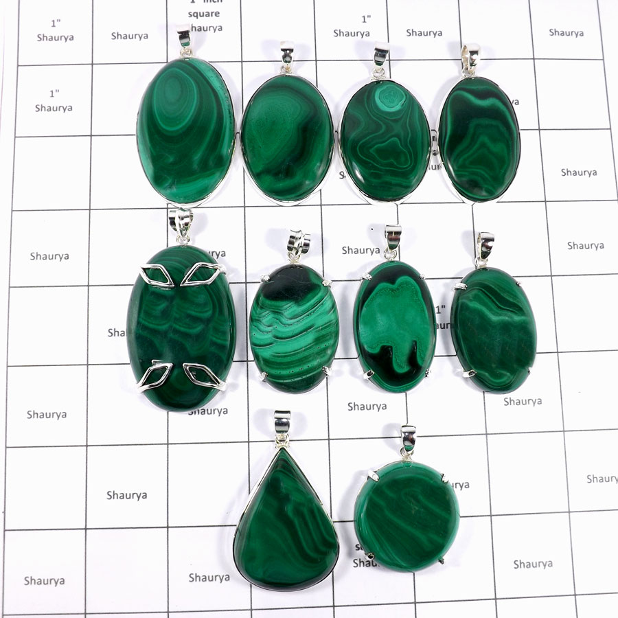 CBP943-10 Pcs. Awesome Malachite Gemstone Pendants Wholesale Lot 925 Sterling Silver