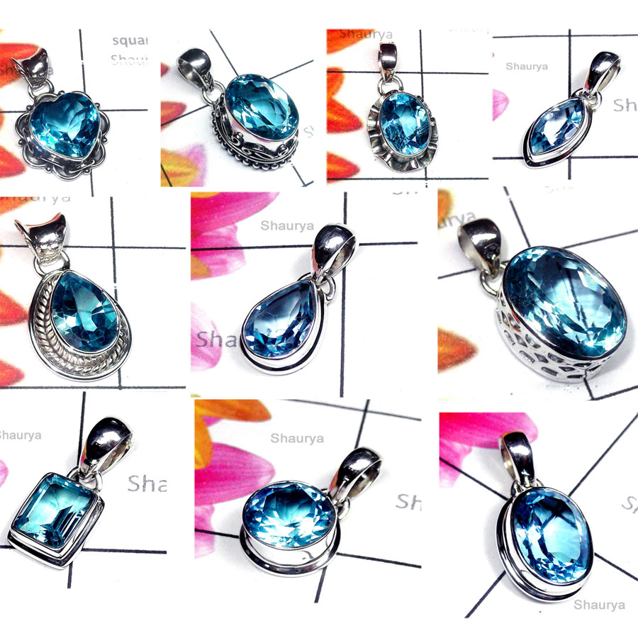 CBP980-10 Pcs. Glorious Blue Topaz Gemstone 925 Sterling Silver Designer Wholesale Pendants
