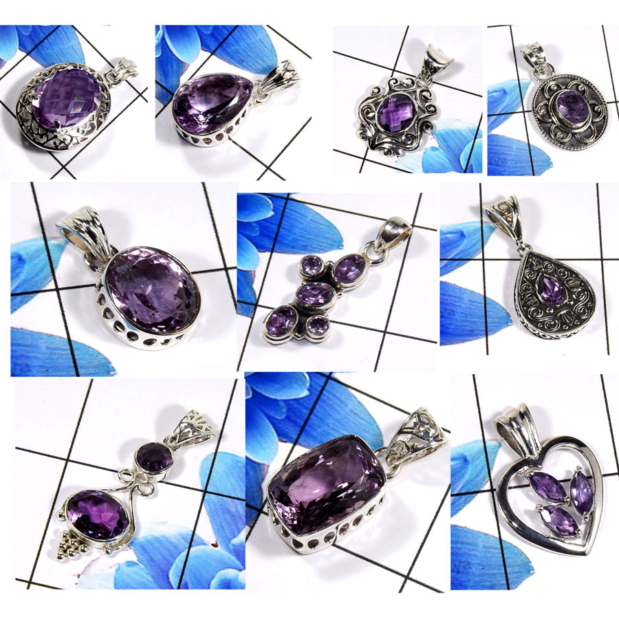 CBP987-10 Pcs Amethyst Cut Gemstone 925 Sterling Silver Designer Pendants