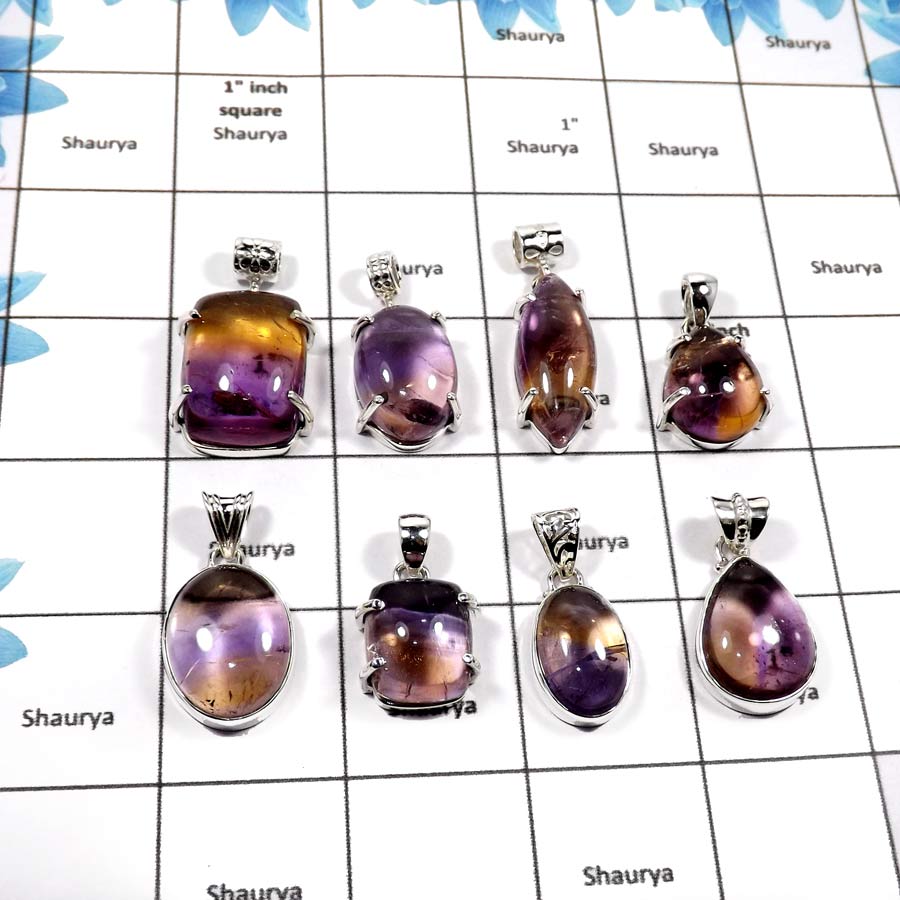 WBG857-8 Pcs Exclusive Gemstone Ametrine Amethyst Plain Setting Pendants 925 Sterling Silver