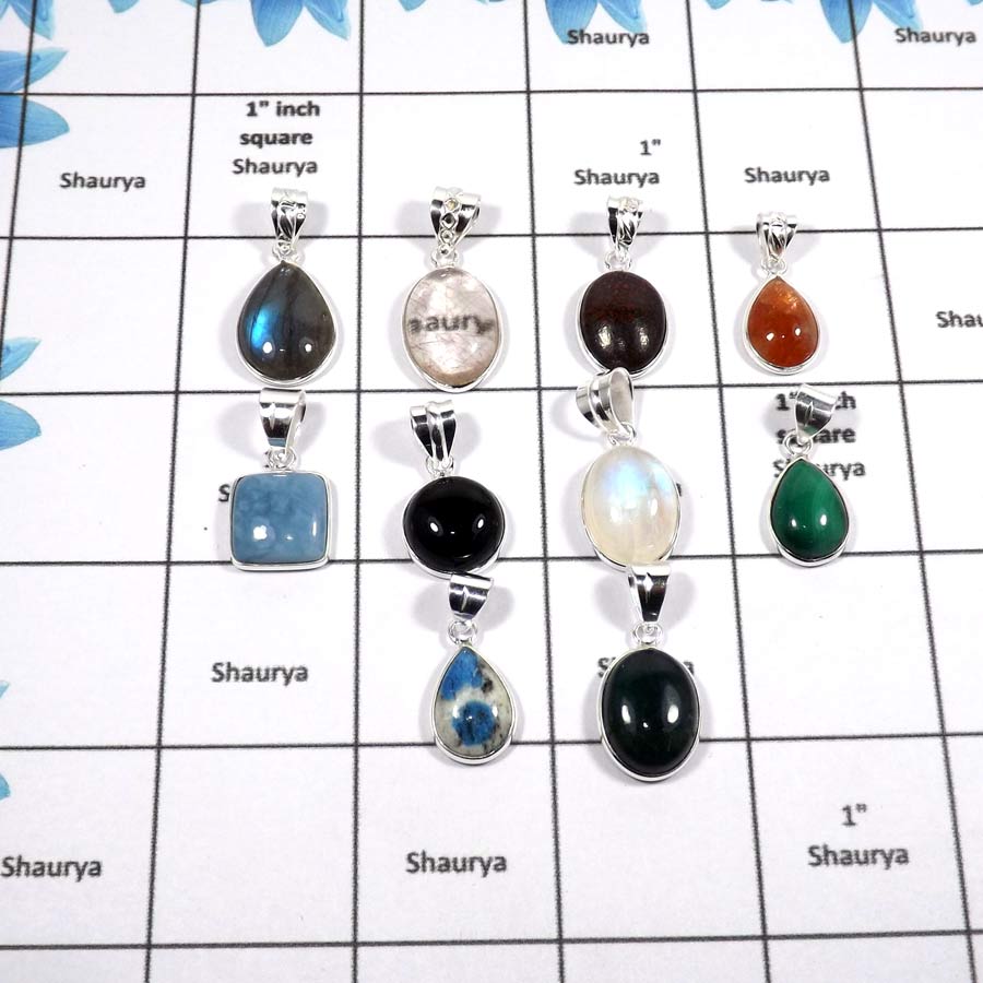 WBG868-10 Pcs Natural Mix Cab Gemstones Light Weight Bezel Pendants 925 Sterling Silver