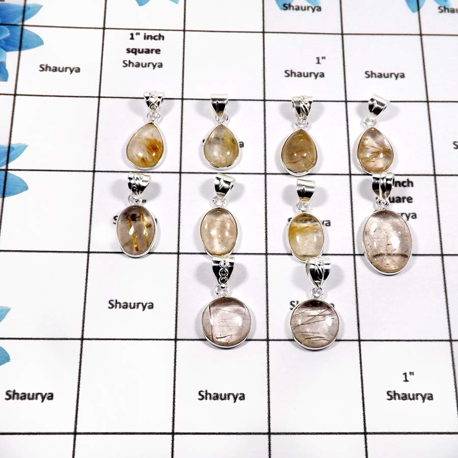 WBG879-10 Pcs Beautiful Gemstone Golden Rutile Plain Setting Bezel Pendants 925 Sterling Silver