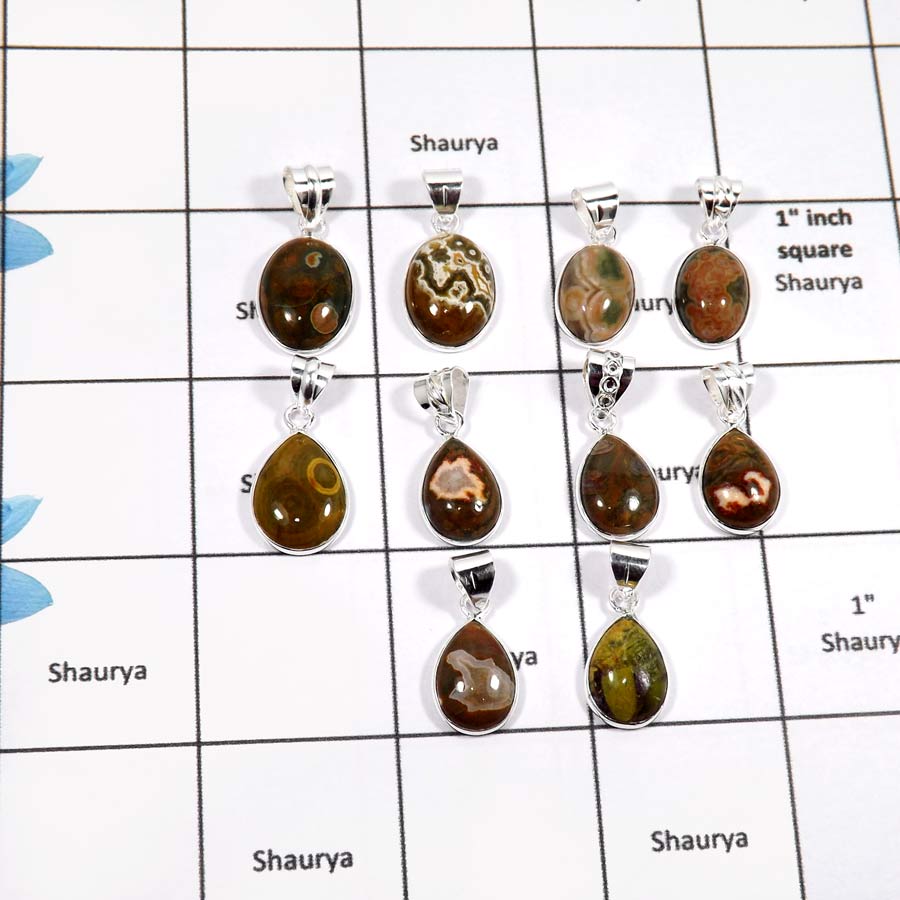 WBG907-10 Pcs Natural Gemstone Ocean Jasper Gemstone Handmade Wholesale Bezel Pendants 925 Sterling Silver
