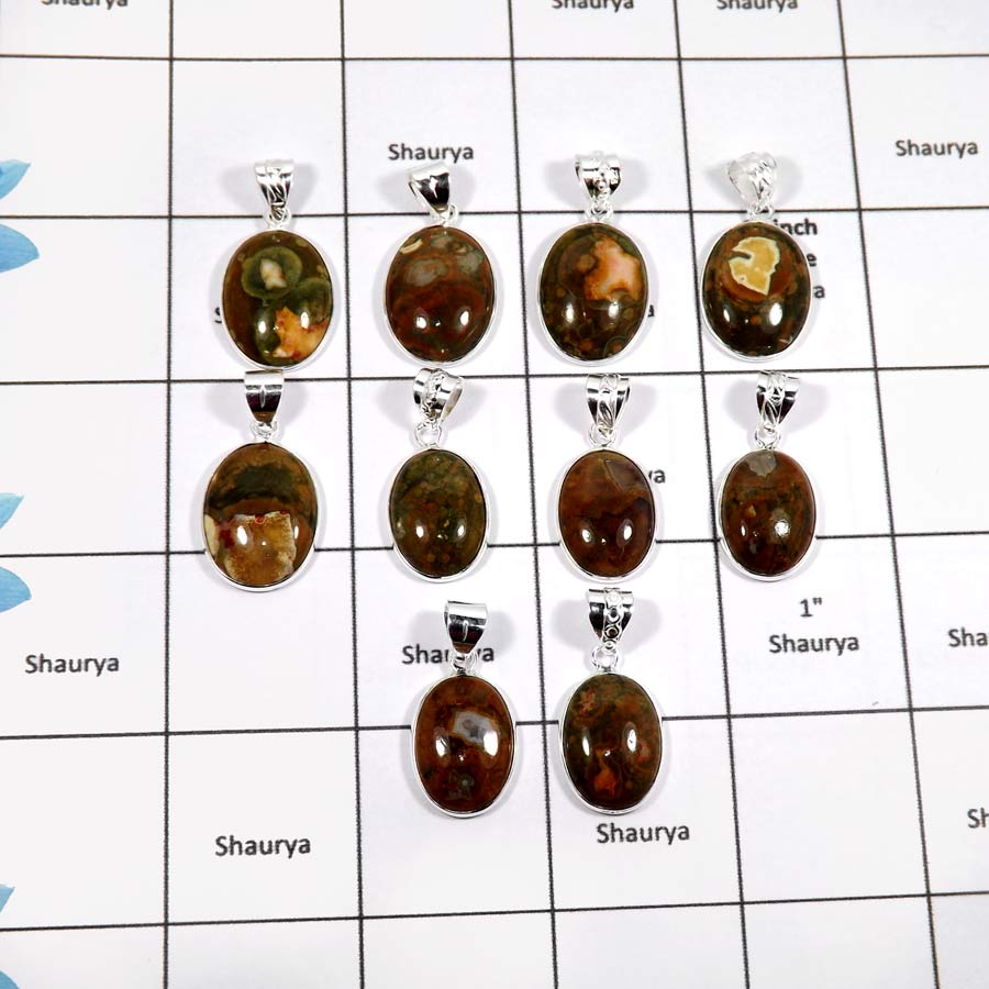WBG908-10 Pcs Ocean Jasper Gemstone Light Weight Bezel Pendants 925 Sterling Silver