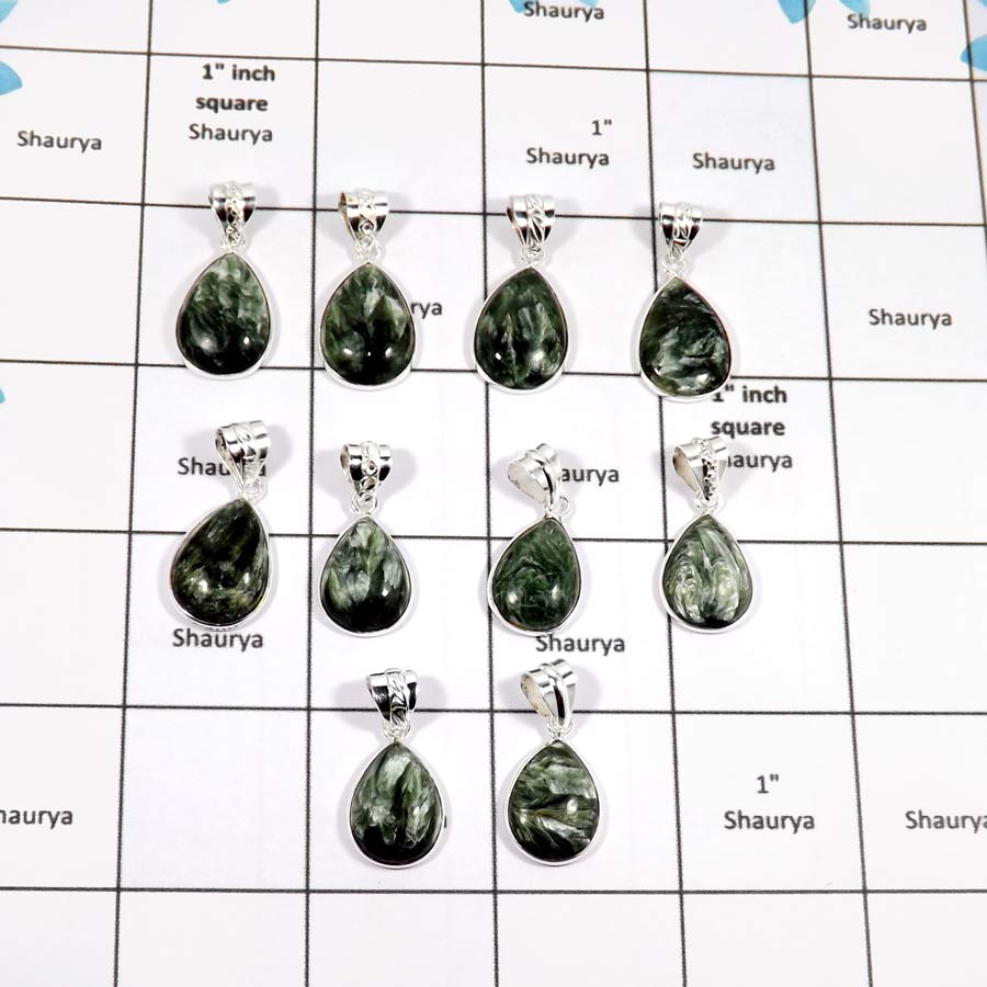 WBG913-10 Pcs Seraphinite Gemstone Handmade Wholesale Bezel Pendants 925 Sterling Silver