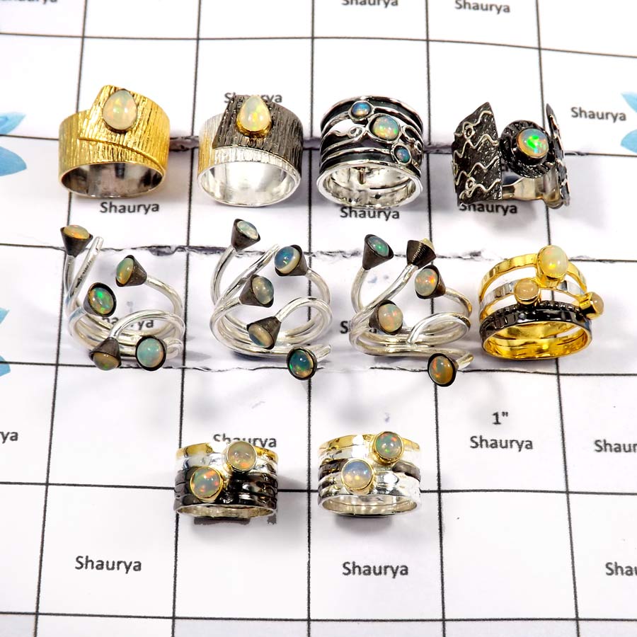 WBG917-10 Pcs Exclusive Gemstone Ethiopian Opal Designer Wholesale Rings 925 Sterling Silver