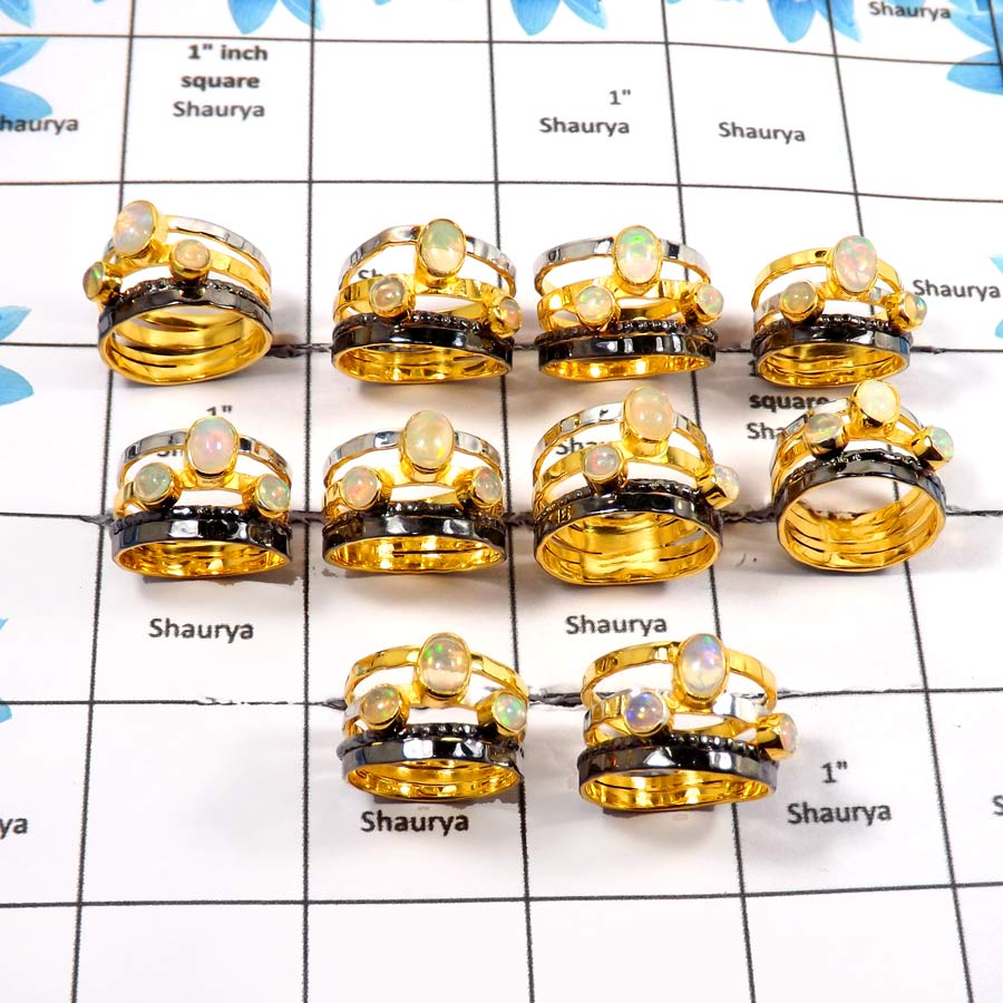 WBG921-10 Pcs Adorable Gemstone Ethiopian Opal Black Rhodium And Gold Plating Rings 925 Sterling Silver