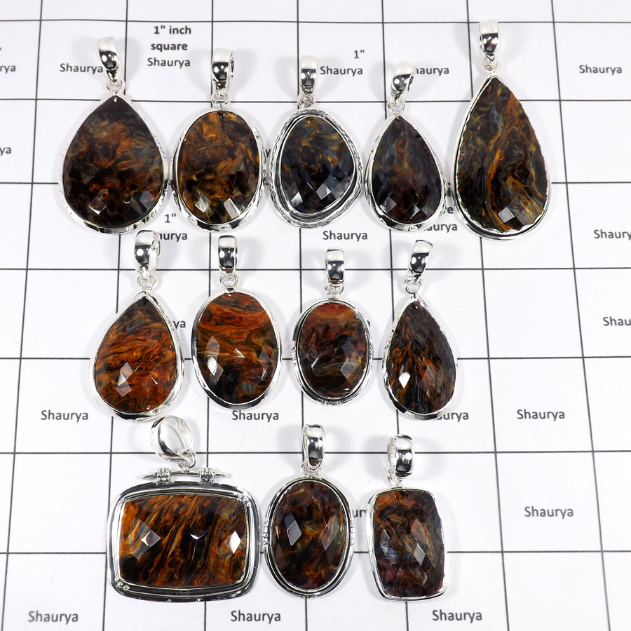 WBG962-10 Pcs 100 Grams Wholesale Lot Checker Cut Pietersite Gemstone Pendants 925 Sterling Silver