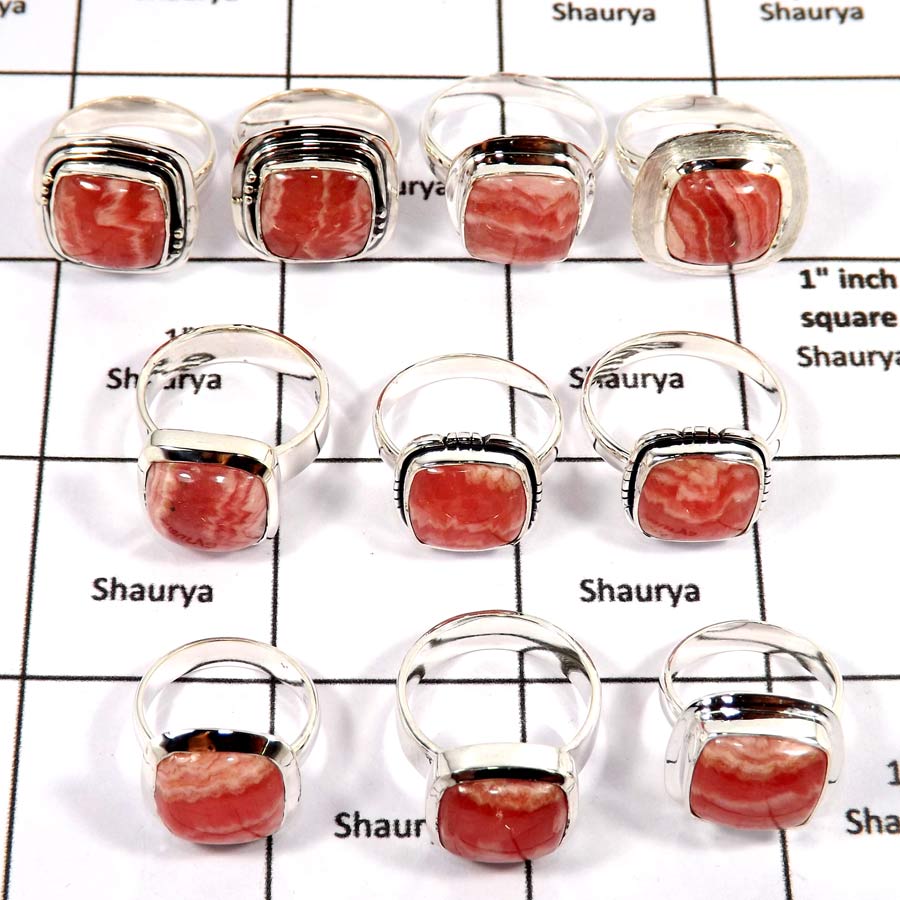 WBG976-10 Pcs 100 Grams Wholesale Lot Rhodo Chrosite Gemstone Rings 925 Sterling Silver