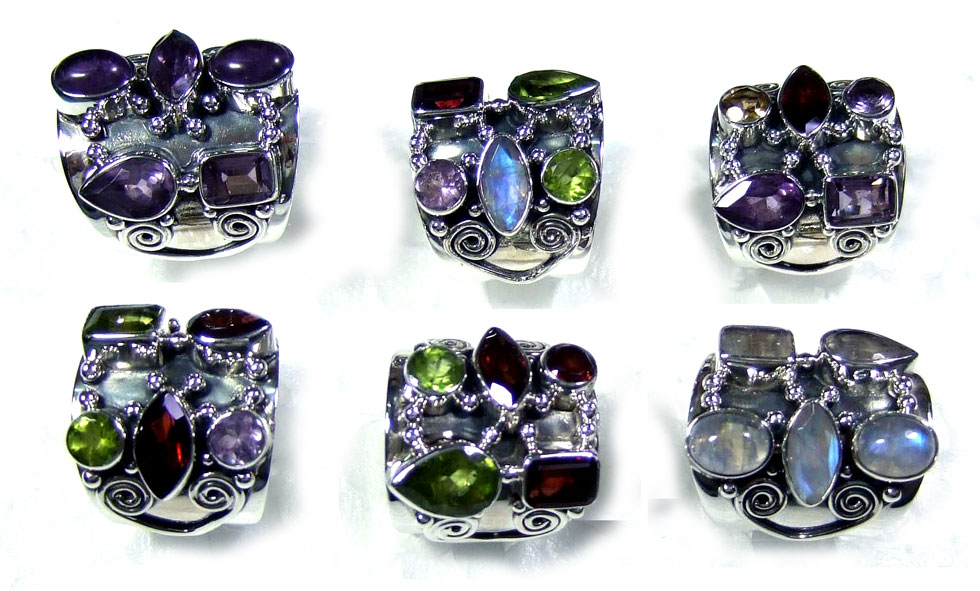 6 Pcs Silver gems Rings - jyr193