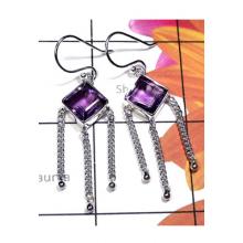 Faceted Amethyst Silver Chain Earring-IAE011