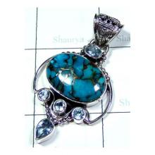 Blue Copper Turquoise with Blue Topaz Pendant-S10P361