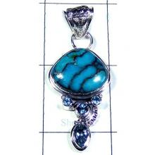 Blue Copper Turquoise with Blue Topaz Pendant-S10P376